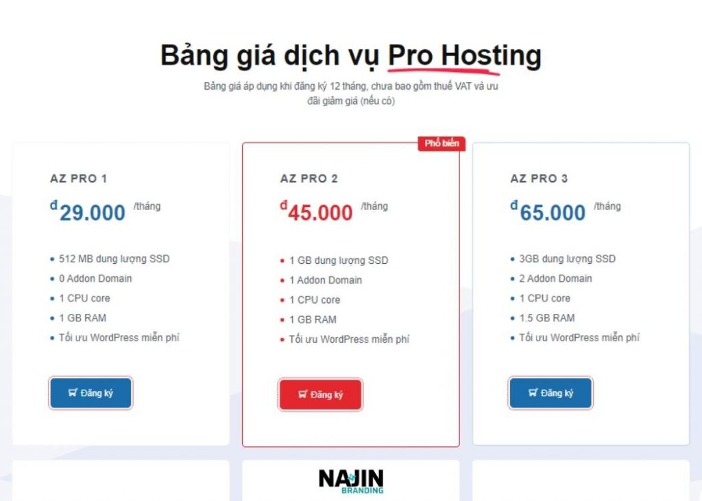 bảng giá hosting tại AZDIGI